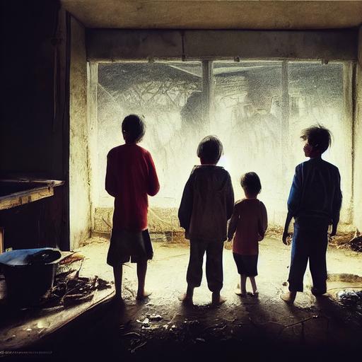 4 poor and hungry kids, dirty, photorealist, insane detail, cinematic lighting, hyper realism, extremely detailed, sharp focus, Photography, Cinematic Lighting, Volumetric Lighting, etheral light, intricate details, extremely detailed --upbeta --testp