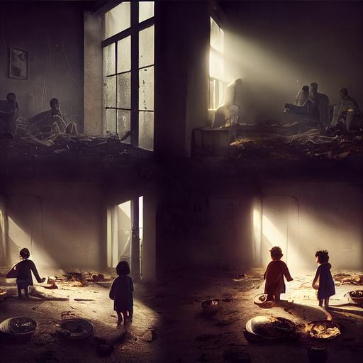 4 poor and hungry kids, dirty, photorealist, insane detail, cinematic lighting, hyper realism, extremely detailed, sharp focus, Photography, Cinematic Lighting, Volumetric Lighting, etheral light, intricate details, extremely detailed --upbeta --testp