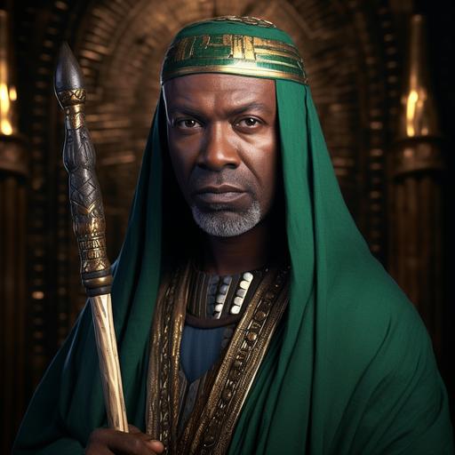 40 year old handsome african egyptian wise man, headshot facing the camera. wearing rich green silk clothing, and holding a sapphire stick in his right hand, bright ancient palace in background, realistic --style raw