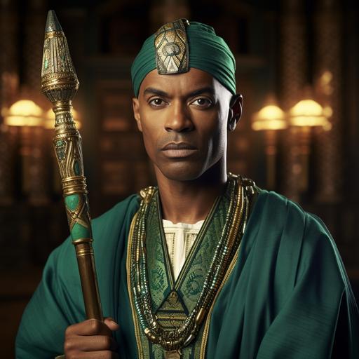 40 year old handsome african egyptian wise man, headshot facing the camera. wearing rich green silk clothing, and holding a sapphire stick in his right hand, bright ancient palace in background, realistic --style raw