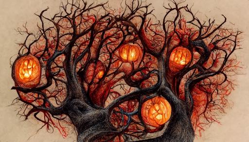 --ar 16:9 , 4k, high detail colored pencil illustration, ambient cozy lighting, spooky Halloween tree with human circulatory system, tree with veins