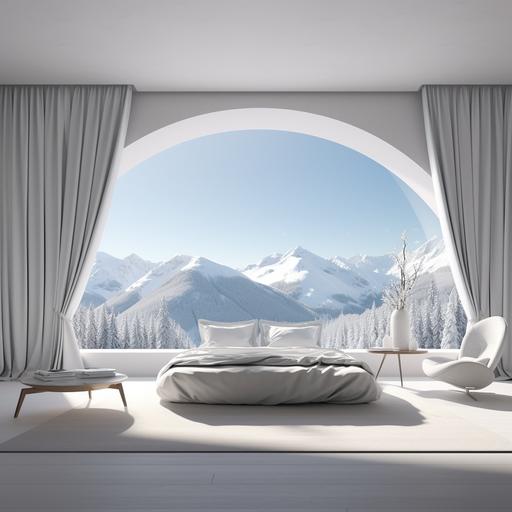 4k minimal but luxury bedroom, white everything, curtains open showing sunny mountain skyline