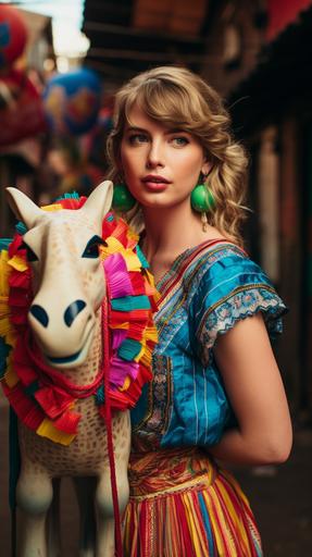 editorial photo of the real taylor swift holding a mexican donkey colorfull piñata in a mexican market looking to the side wearing a mexican dress --ar 9:16