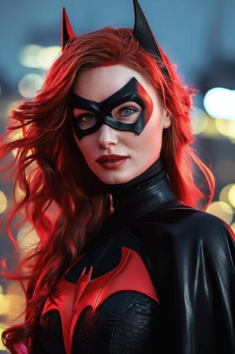 ,::1 , IMAGE_TYPE: Film still, action shot from a few feet away | GENRE: Modern | EMOTION: Serious, prepared | SCENE: photo of a 30 year old Eleanor Tomlinson wearing Batman costume and mask, playing Batwoman/Kate Kane from DC Comics in live action film, red Batman symbol on chest, long flowing red hair, wearing black cape, perched on edge of roof, eyes are completely white | LOCATION TYPE: Top of building looking out over city, night, dramatic lighting | CAMERA MODEL: Canon EOS R5 | CAMERA LENSE: 85mm f/1.8 | SPECIAL EFFECTS: Ultra-detailed, ultra-photorealistic | TAGS: 8k, award-winning photograph --ar 2:3 --v 6.0