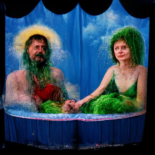 70 mm photogrpah of theatrical production where a man and woman are center stagetarred and feathered in a kiddie pool with a curtain printed to look like 