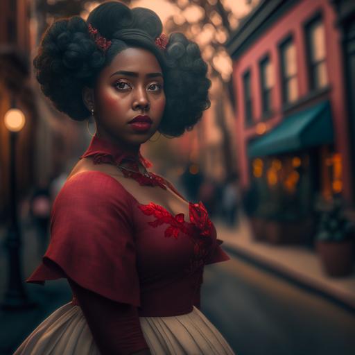 as the most beautiful 1950s syrup-skinned Rubenesque woman   Chesnut hair in a pompadour   freckles on her cheeks   walking through an olde town aesthetic in a red tulle skirt   full figured   dark academia aesthetic  hyper detailed, intricate details  photorealistic  sharp focus   cinematic lighting   Sony a7R IV camera, Meike 85mm F1.8   hyper realistic   Artstation   Gonzalo canepa