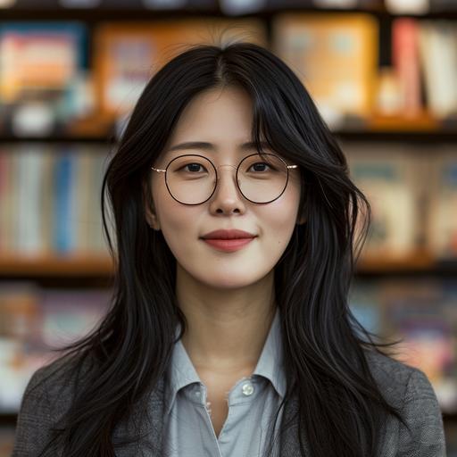 A 35-year-old Korean woman in an office job, wearing horn-rimmed glasses with long black hair, looking at the camera with a smile against a book store background. She is dressed in neat office attire. Not an exceptionally pretty face, but a typical one. canon 1dx mark3, 50mm f9 , 4k --v 6.0