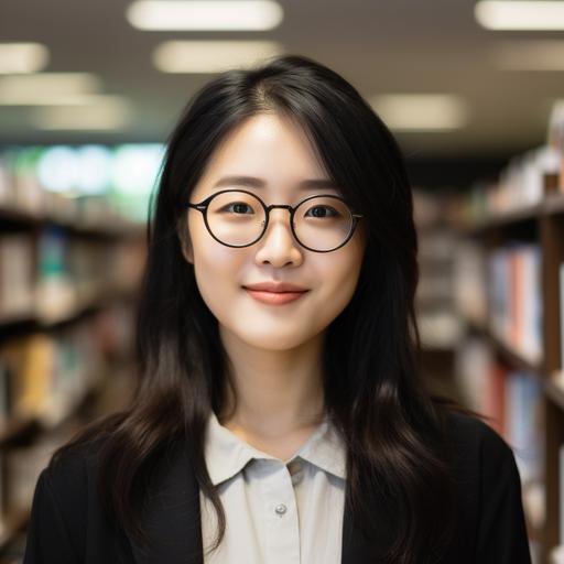 A 35-year-old Korean woman in an office job, wearing horn-rimmed glasses with long black hair, looking at the camera with a smile against a book store background. She is dressed in neat office attire. Not an exceptionally pretty face, but a typical one. Slightly looking from the side. iphone 14pro. selfi