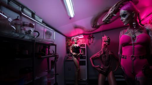 A Photorealistic industrial pink Post apocalyptic barbie world. With a reptillian humanoid alien in the center, full body. she is dressed in hot pink leather and she is a reptilian alien from the future. Bright pink Neon signs in the background. her face looks like an alligator with sharp teeth --ar 16:9 --iw .5