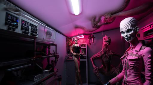 A Photorealistic industrial pink Post apocalyptic barbie world. With a reptillian humanoid alien in the center, full body. she is dressed in hot pink leather and she is a reptilian alien from the future. Bright pink Neon signs in the background. her face looks like an alligator with sharp teeth --ar 16:9 --iw .5