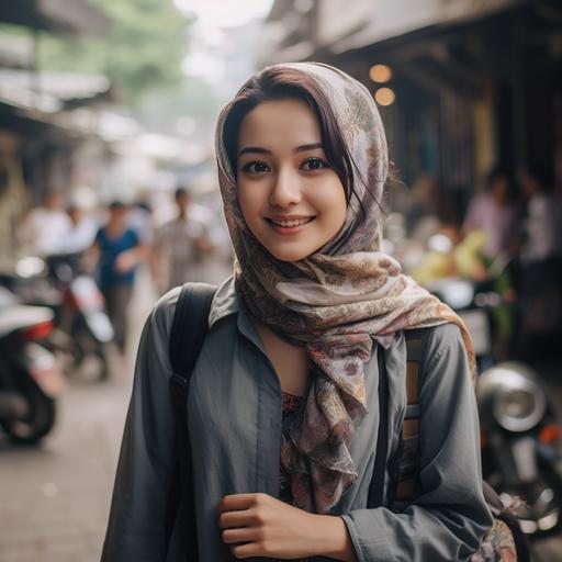 A candid shot of a beautiful young woman in Surabaya, Indonesia, capturing the colours, textures, and atmosphere of the place, with a shallow depth of field focusing on a street vendor. She is an indonesian actress and wearing casual dress standing at a crowded street in natural light. She is 18 years old, holding a small gold bottle of perfume, highly detailed, 4k photorealistic, feminine, Use a Nikon D850 DSLR 4k camera with a 200mm lens at f 1.2 aperture setting –ar 16:9 –s 700 –q 25 –no bad anatomy, ugly, missing arms, missing fingers, bad proportion, blurry, poorly drawn feet, morbid, cloned face, mutation