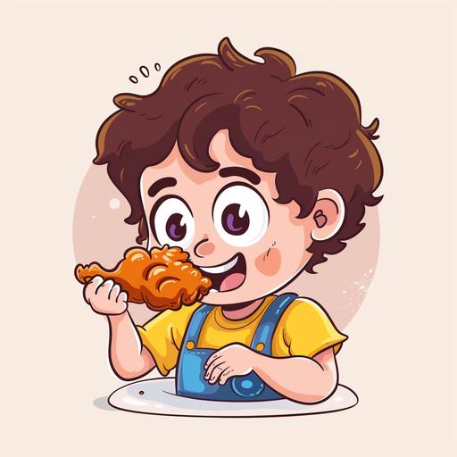 A cartoon boy is eating fried chicken
