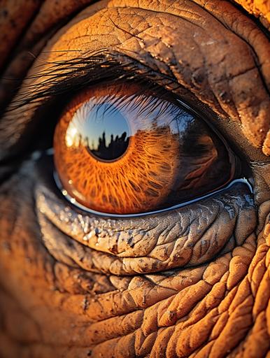 🐘 A detailed close-up of an elephant's eye, reflecting the African savannah sunset, photo-realistic style, warm orange and brown tones. --ar 3:4