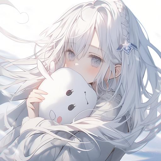 A female anime character with long white hair, holding a rabbit doll in a 32k UHD style, ethereal illustrations, light white and light silver, charming anime characters, subtle portraits, light white and light emerald, clean background, heavy shadows, ultra high definition image quality, 8k --s 1000  --ar 1:1 --niji 5
