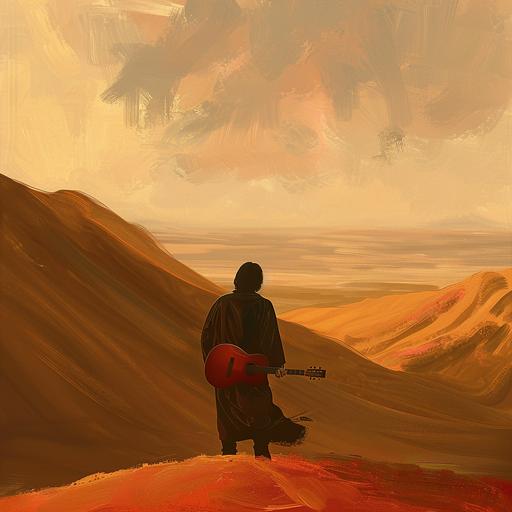 A guitarist stands alone in front of dunes on his journey to the West. Where is west? He wonders.