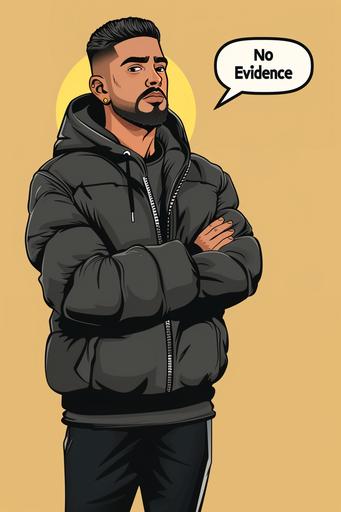 A handsome indian young man with a short rounded bowl cut and a thick short beard, wearing a black puffer jacket, small gold earings, blackhoodie, black trousers and white sneakers looking confident with arms crossed standing in a hearing with speech bubble saying 