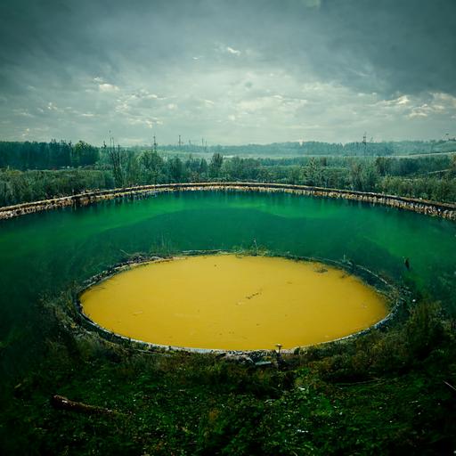 A lake made of toxic waste and some barrels of radioactive waste around