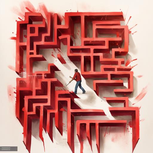 , A man with an axe is breaking his way through the walls of a red maze, shot from above. captured in a sketch by Acir Galvão style, characterized by messy brush strokes, ink splotches, watercolor, and gouache. --v 5.0