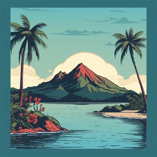 A minimal wide shot of mountainous tropical island. It's completely surrounded by ocean. 70s comic book style. Simple colours. Simple shading. Line drawing. Palm trees line the border. A volcano is central to the image. The ocean is still. A bright, clear day. Square crop. Black border.