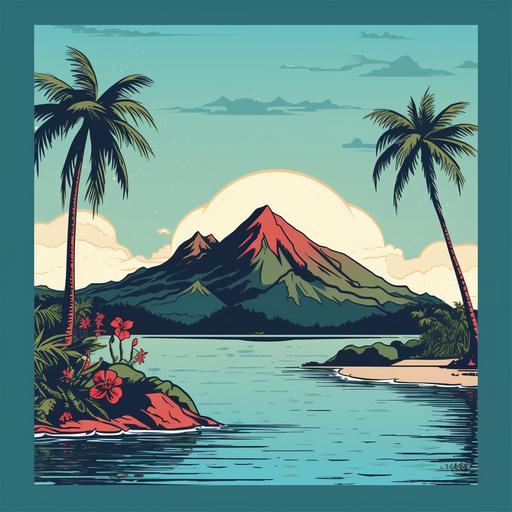 A minimal wide shot of mountainous tropical island. It's completely surrounded by ocean. 70s comic book style. Simple colours. Simple shading. Line drawing. Palm trees line the border. A volcano is central to the image. The ocean is still. A bright, clear day. Square crop. Black border.