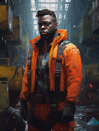 A sci fi concept portrait of a tall thickly built dark skinned man who looks like Winston Duke by Sparth, heavy features, he is wearing an orange cyberpunk style jumpsuit and a utility vest, tattoos, expressive silhouette, Ghanan features, smudged face, there are stacks of futuristic shipping crates in the background, welding sparks in the background, gritty sci-fi, cinematic lighting, insane detail, vivid brush strokes, chiaroscuro, rough finish, overcast lighting, detailed textures, great design, Cyberpunk 2077 aesthetic, Blade Runner aesthetic, detailed facial expressions, sci-fi concept art, --q 5 --ar 9:12 --s 1000 --c 10 --upbeta --s 250
