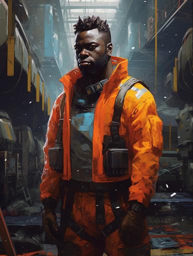 A sci fi concept portrait of a tall thickly built dark skinned man who looks like Winston Duke by Sparth, heavy features, he is wearing an orange cyberpunk style jumpsuit and a utility vest, tattoos, expressive silhouette, Ghanan features, smudged face, there are stacks of futuristic shipping crates in the background, welding sparks in the background, gritty sci-fi, cinematic lighting, insane detail, vivid brush strokes, chiaroscuro, rough finish, overcast lighting, detailed textures, great design, Cyberpunk 2077 aesthetic, Blade Runner aesthetic, detailed facial expressions, sci-fi concept art, --q 5 --ar 9:12 --s 1000 --c 10 --upbeta --s 250