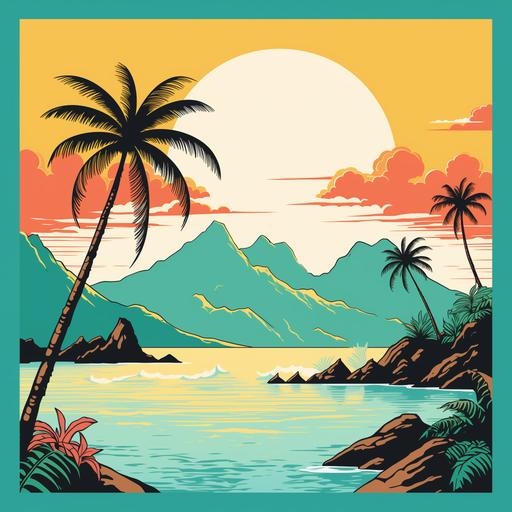 A simple, minimal wide shot of mountainous tropical island. It's completely surrounded by ocean. 70s comicbook style. Simple bright colours. Simple shading. Line drawing. Palm trees line the border. A volcano is central to the image. The ocean is still. A bright, clear day. Square crop. Black border.
