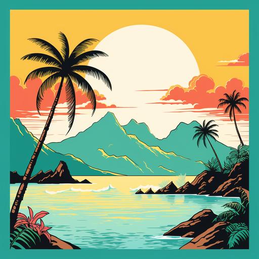 A simple, minimal wide shot of mountainous tropical island. It's completely surrounded by ocean. 70s comicbook style. Simple bright colours. Simple shading. Line drawing. Palm trees line the border. A volcano is central to the image. The ocean is still. A bright, clear day. Square crop. Black border.