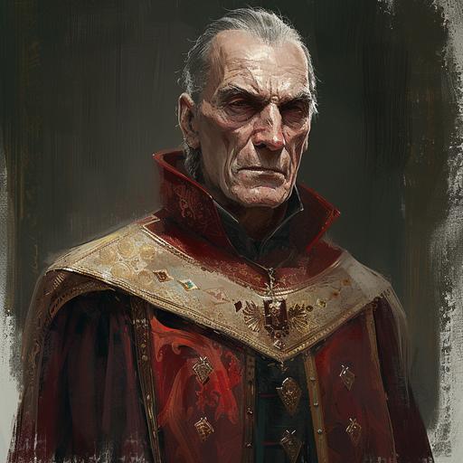 A stern-faced nobleman, aged in his mid-to-late sixties, his graying hair is thin and swept back, aristocratic fine robe with red and gold accents, wrinkled face and gaunt cheeks, pale skin, cynical, narcissistic arrogance and self-assuredness, dark aura, powerful, red, gold and soft green colour palette, dark gothic watercolour portrait, Alexsander Rostov art style, Aleksander Rostov --stylize 75 --v 6.0