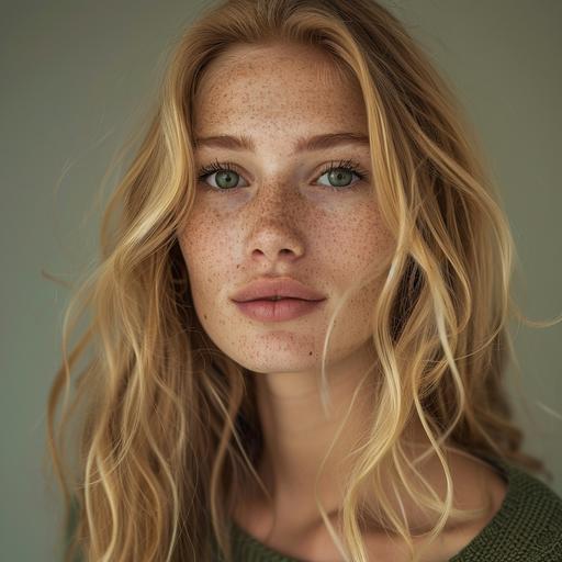 A tall elegant young woman, with blond hair and freckles over her face. Sea green eyes framed with thick lashes.