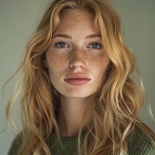 A tall elegant young woman, with blond hair and freckles over her face. Sea green eyes framed with thick lashes.