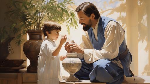 A wealthy first-century man presents a blue and white Oriental vase to a brown-haired toddler boy dressed in white. --ar 16:9