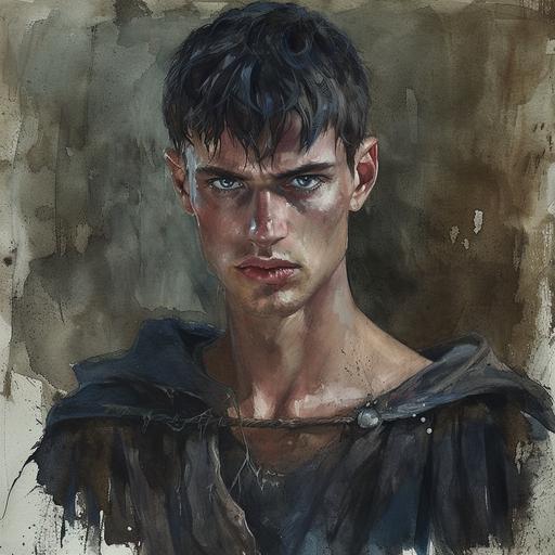 A young man, muscular build, wearing a cheap and ragged cloth tunic, stern downturned face, blue eyes, short black hair parted down the middle, dark gothic watercolour portrait, Alexsander Rostov art style, Aleksander Rostov --stylize 75 --v 6.0