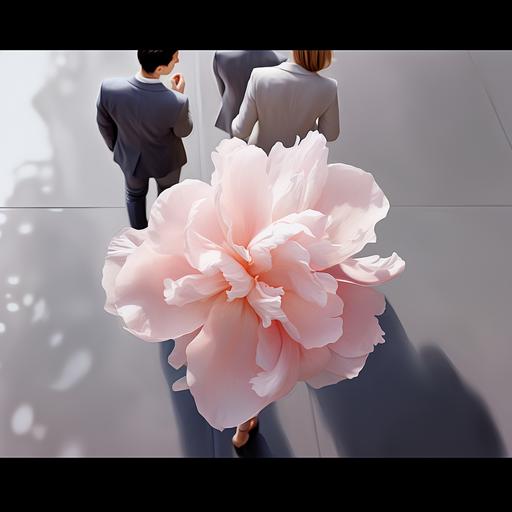 Add hyper-realistic true to life #f6e3e4 pale pink peony flower petal rain to this image