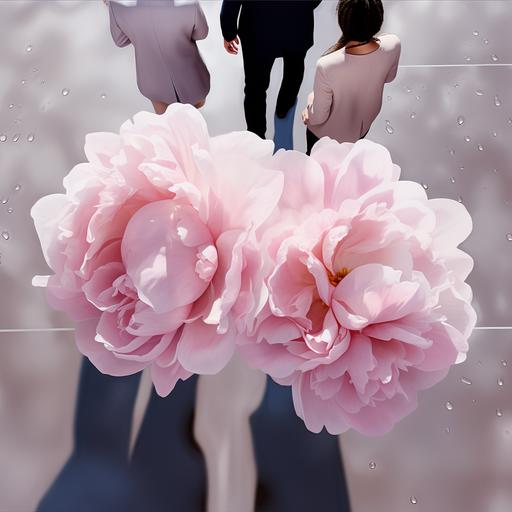 Add hyper-realistic true to life #f6e3e4 pale pink peony flower petal rain to this image