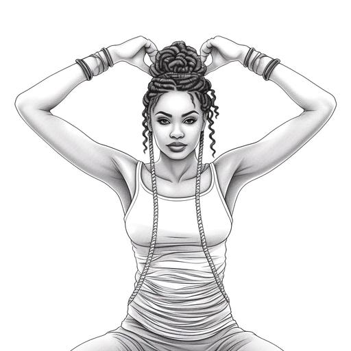 / African American woman,long rope braided , doing yoga mountain pose, black and white adult colouring page, * * easy to color in coloring page for adults, no colors, with a complete white background, sharp vector lines in black outline. no halftone, no shading, no sketching, no dots, no stippling, no crosshatching, no grey, no gray, no shadows, No fill, No solids, no noise, no grayscale, no greyscale no black background, no grey lines, no incomplete lines, no detail, no book, no logo, no open ended lines, no letters, no words, no markers, with black line border, black fine lines. - - ar 9: 11
