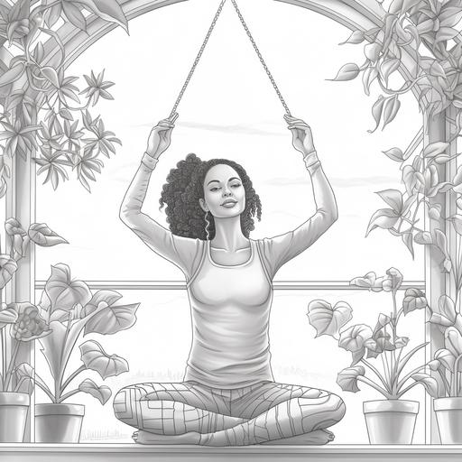 / African American woman,long rope braided , doing yoga mountain pose, in room with plants and flowers, black and white adult colouring page, * * easy to color in coloring page for adults, no colors, with a complete white background, sharp vector lines in black outline. no halftone, no shading, no sketching, no dots, no stippling, no crosshatching, no grey, no gray, no shadows, No fill, No solids, no noise, no grayscale, no greyscale no black background, no grey lines, no incomplete lines, no detail, no book, no logo, no open ended lines, no letters, no words, no markers, with black line border, black fine lines. - - ar 9: 11