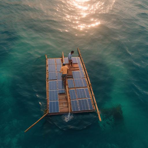 An overhead wide shot of an Indonesian man on a wooden boat in the middle of the ocean with floating solar panels, retro-futuristic, National Geographic aesthetic, HDR:-1 to –-no HDR, nighttime, pastel Wes Anderson colorgrade using 63694e 6B2A1E 63694e colors --v 5 --s 50