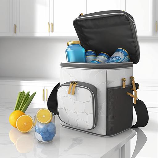 ， Assuming you are a graphic designer for Amazon sellers, there is an image of a white cooler backpack that needs to have a background added to it. The prompt requires the backpack to be placed on a vintage marble table that is adorned with various kitchen decorations, while keeping the original appearance of the backpack intact. Create a scene in the image that allows viewers to imagine the real-life usage scenario of this backpack. The picture should showcase a fashionable lifestyle that highlights the functionality and aesthetics of the backpack. Utilize a high-quality marble tabletop as the background to emphasize the backpack's quality and luxurious feel. Decorate the table with various kitchen decorations such as a kettle, tea cups, utensils, and fruits to accentuate the backpack's versatility and practicality. During the design process, ensure that the backpack's size and position in the scene are appropriate and balanced with other objects to create an aesthetically pleasing and well-composed scene. Pay attention to the lighting of the backpack, making sure that it matches the lighting in the scene to enhance the viewing experience. In summary, use your professional skills and creativity to add a vivid scene to this image that allows viewers to feel the functionality and aesthetics of this backpack in their imagination.