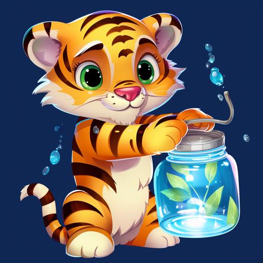 Tiger Too holding a jar with fireflies, Disney cartoon style, transparent background, colorful
