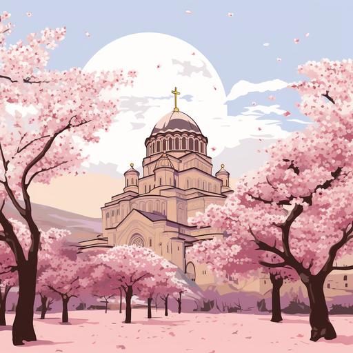 Background: Begin with a soft, dusty rose pink as the base color. This color evokes feelings of warmth, elegance, and charm. Illustration: Place an intricate illustration of the iconic Svetitskhoveli Cathedral against the backdrop of blooming cherry blossom trees. This represents the combination of spiritual significance and natural beauty in Georgia. minimalist, simple