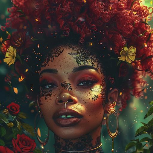 Black woman with 4c hair, tattoos, piercings, bamboo earings, aries, mars, red curly hair, april, flowers, trees --v 6.0