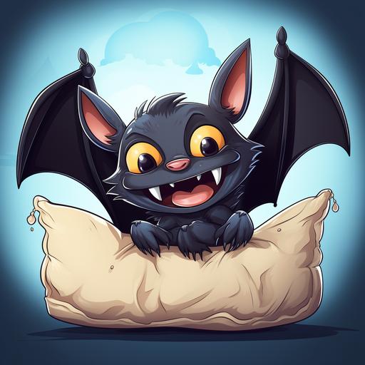 Cartoon bat sleeps on a pillow. You can see two fangs in the mouth. cartoon style