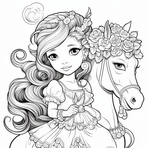 Coloring book (black and white). A little girl with braids is riding on a unicorn, holding up a strawberry in one hand and a chili pepper in the other hand.