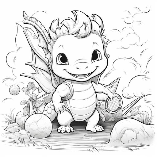 Coloring book pages, cute baby dragon plays tennis, cartoon style, thick lines, many small details, no shading