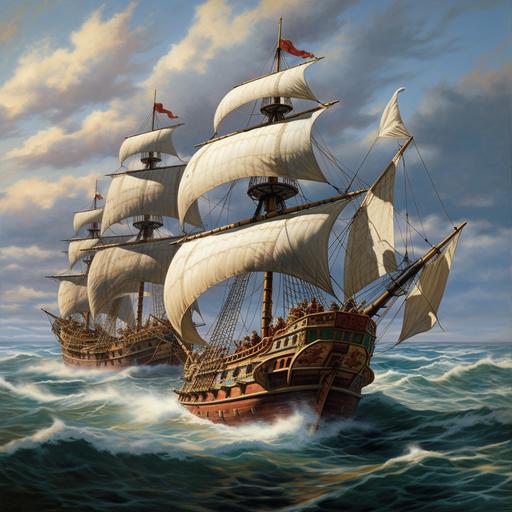 Columbus, equipped with three ships named Santa Maria, Pinta, and Niña, sets sail. The three ships, with their white sails billowing in the wind, exude the excitement of the moment the journey begins.