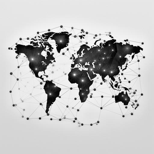 – [Content] A black and white world map that represents the analogy of the Internet as a connected and digital world. – [Medium] Minimalist style with clean lines and pronounced contrasts. – [Styles] Inspired by graphic art from the 1950s and 1960s, with influences from Bauhaus design. – [Lighting] Uniform and neutral lighting to emphasize the grid structure and nodes. – [Colors] Uses a range of grayscale from pure white to deep black to create contrast and clarity in the representation. – [Composition] The map is presented as a precise grid representing the countries and continents of the world, each outlined with thin and sharp lines. The most important cities are highlighted as nodes with larger and more prominent circles. The nodes are connected to each other by straight lines representing Internet routes and connections. The focus is on the nodes and the lines that connect them, emphasizing the interconnected nature of the digital world.