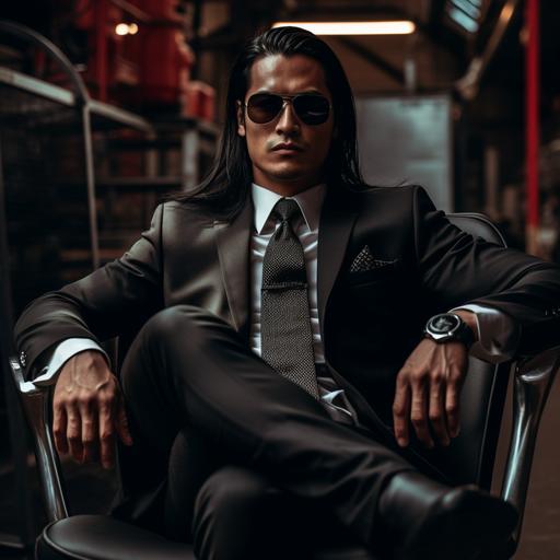 Create a 8K resolution image capturing a business men with sunglasses, black long hair, sitting in his buro, in fornt if the camera looking in the camera. dressed with a suit. The visual quality should emulate a shot from the world's top Canon camera