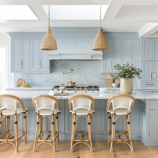 : Create a Studio McGee-inspired kitchen with a coastal chic vibe that evokes the relaxed elegance of a seaside retreat. Opt for a light and airy color palette with soft blues, whites, and grays to mimic the colors of the ocean and sky. Choose natural materials such as light oak cabinetry, marble countertops, and woven rattan barstools for a laid-back yet sophisticated look. Incorporate subtle nautical touches through decorative accents like brass lantern pendant lights or rope drawer pulls to complete the coastal-inspired aesthetic.
