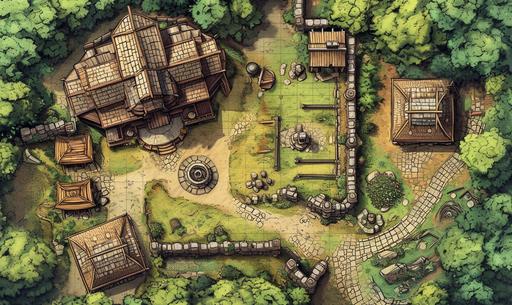 D&D battle map, top-down view, designed for miniatures. Cult compound, nestled in a carboniferous forest, crude round log stockade wall, large gate. Inside the compound, small outbuildings, large central wooden temple structure. Immaculately kept grounds, carefully tended gardens, gravel pathways, decorative statues. Detailed map, rich textures, distinct features, easy to read and navigate for players. In the style of a traditional hand-drawn map, with clear line work and shading, and a touch of watercolor for added depth and visual interest. --ar 5:3 --v 6.0